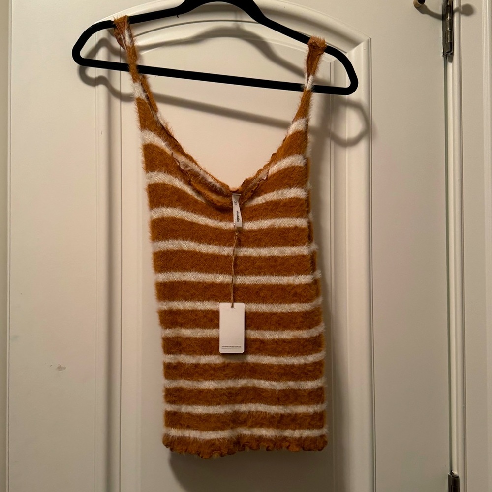 Camel & White Fuzzy Stripe Tank with Lettuce Trim